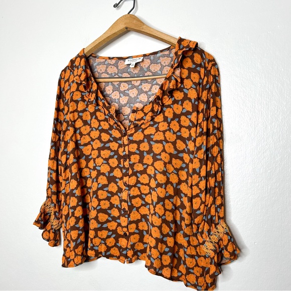 Studio B By Bobeau Orange Floral Print Boxy 3/4 Sleeve Blouse Small S - Picture 3 of 6